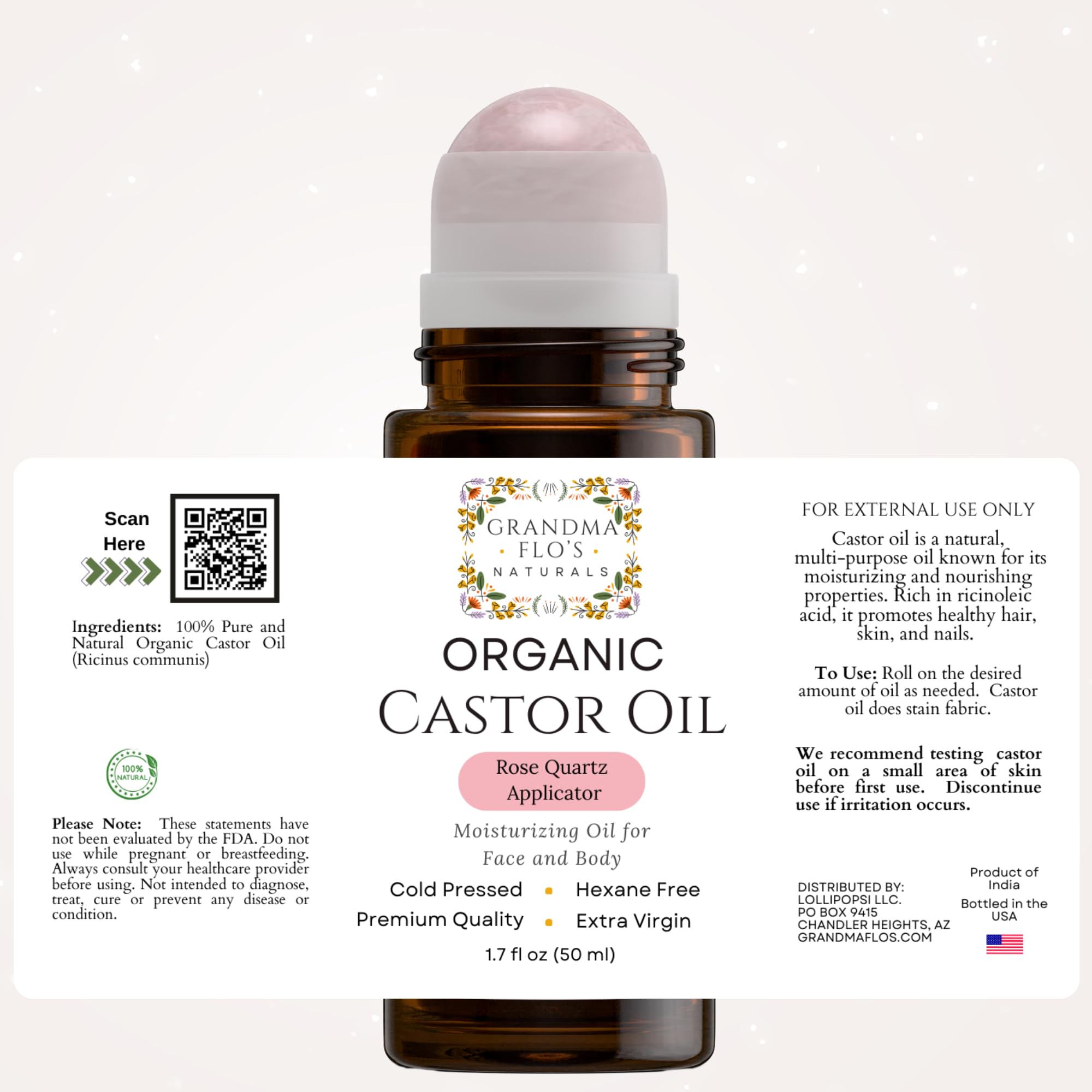 Unrefined, hexane-free oil packed in an amber glass bottle by Grandma Flo's Naturals.