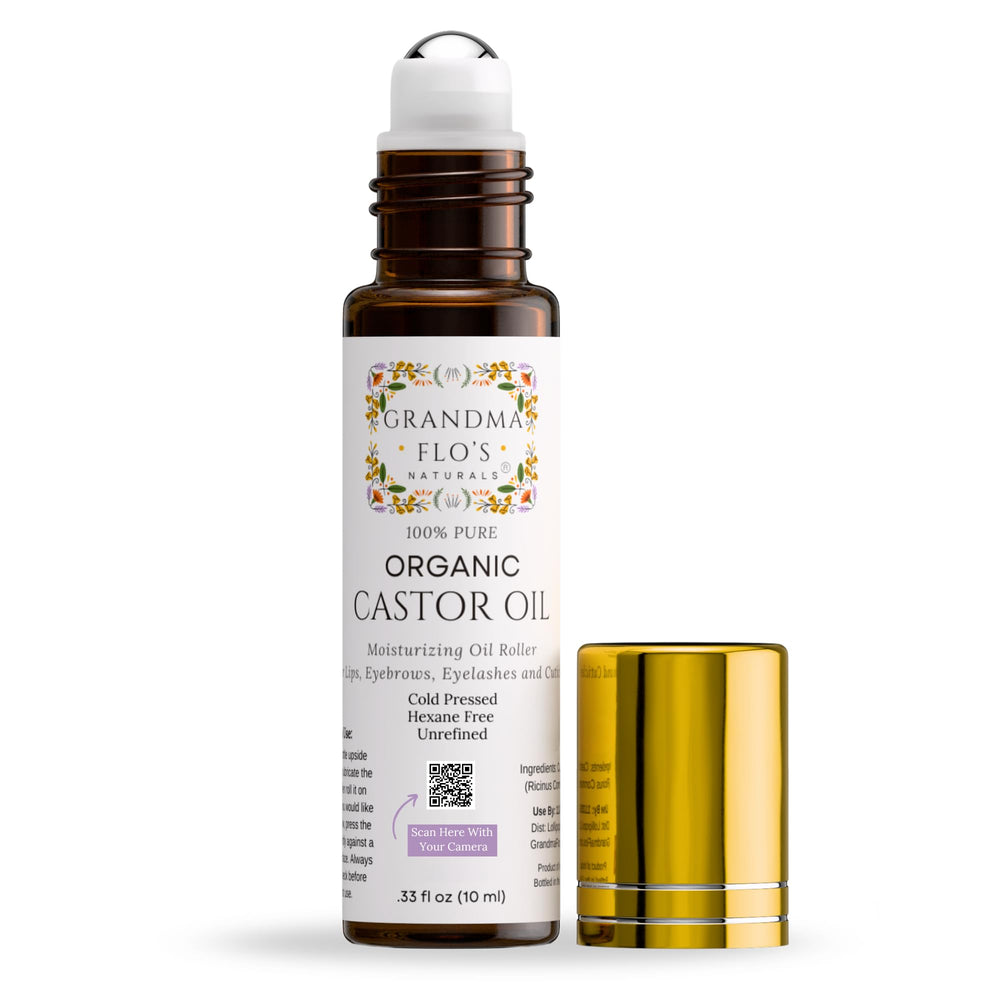 Grandma Flo's Naturals castor oil roll-on bottle-top for clean, controlled application to lips and cuticles.