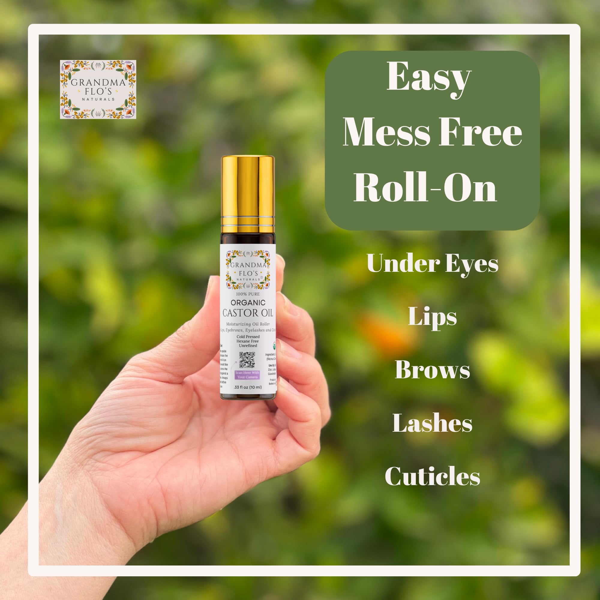 Grandma Flo's Naturals castor oil roll-on cuticles close-up for quick care.