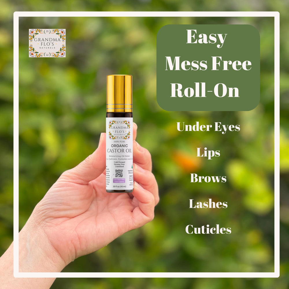 Grandma Flo's Naturals castor oil roll-on cuticles close-up for quick care.