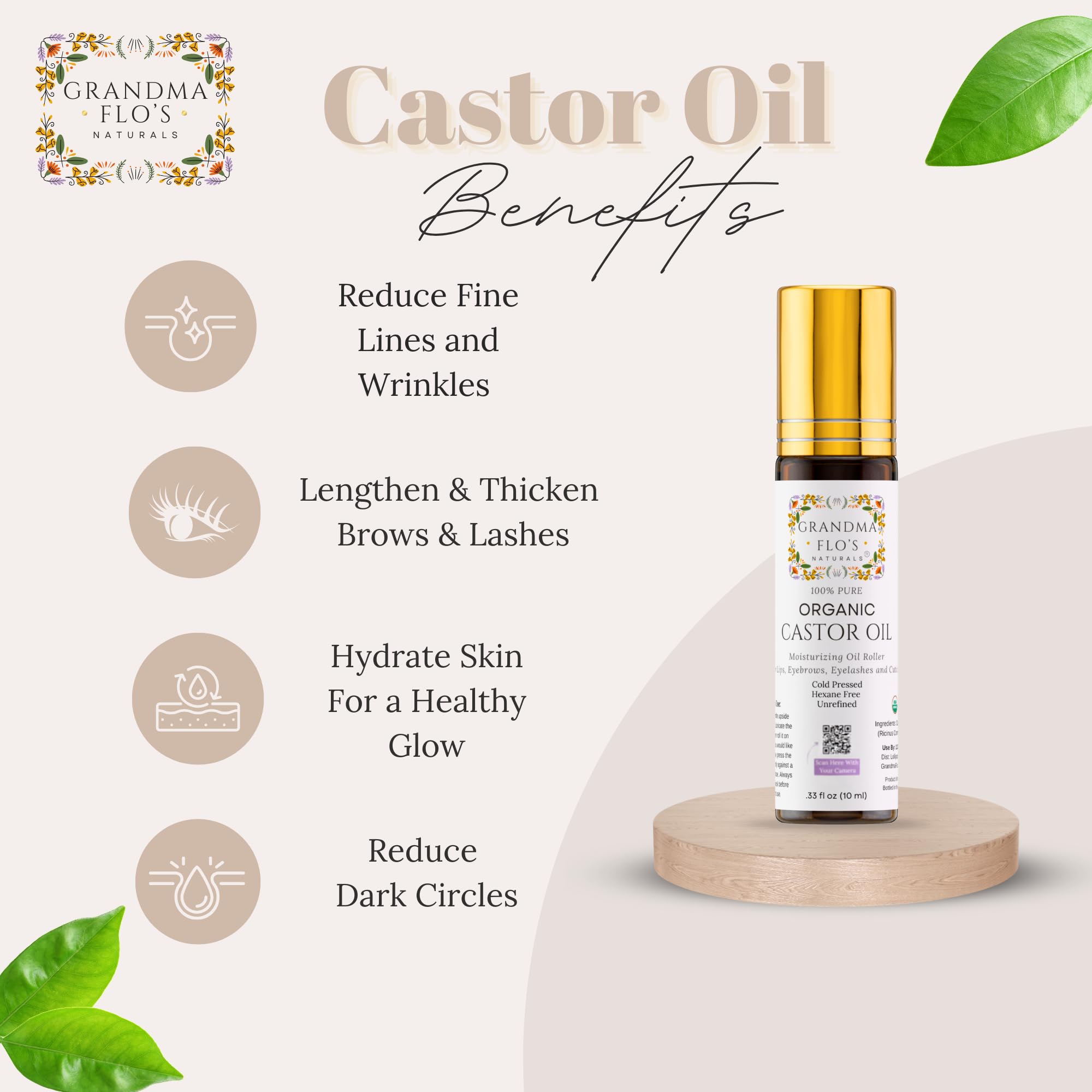 Grandma Flo's Naturals castor oil roll-on eyelash close-up for conditioning.