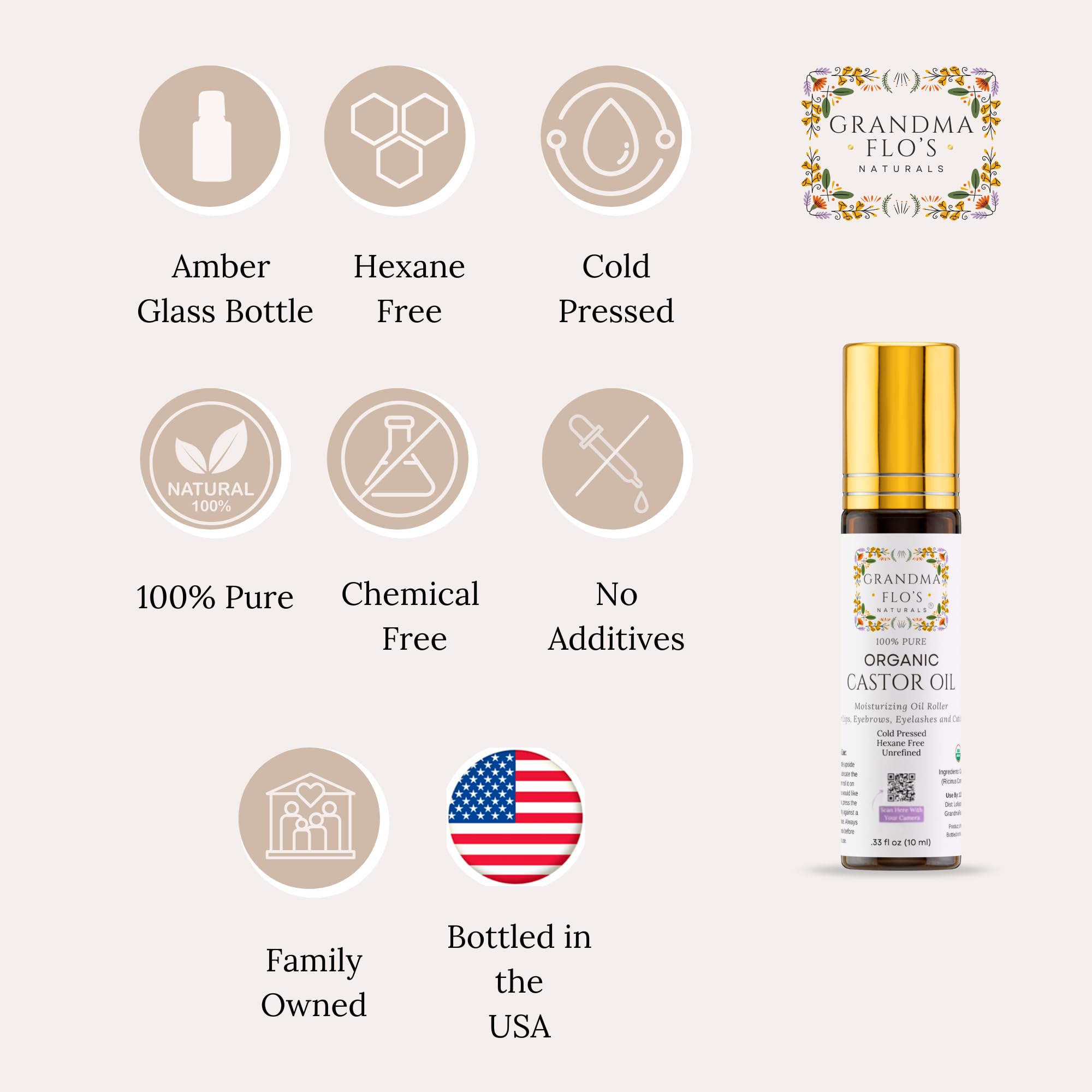 Grandma Flo's Naturals castor oil roll-on under-eye close-up for gentle hydration.