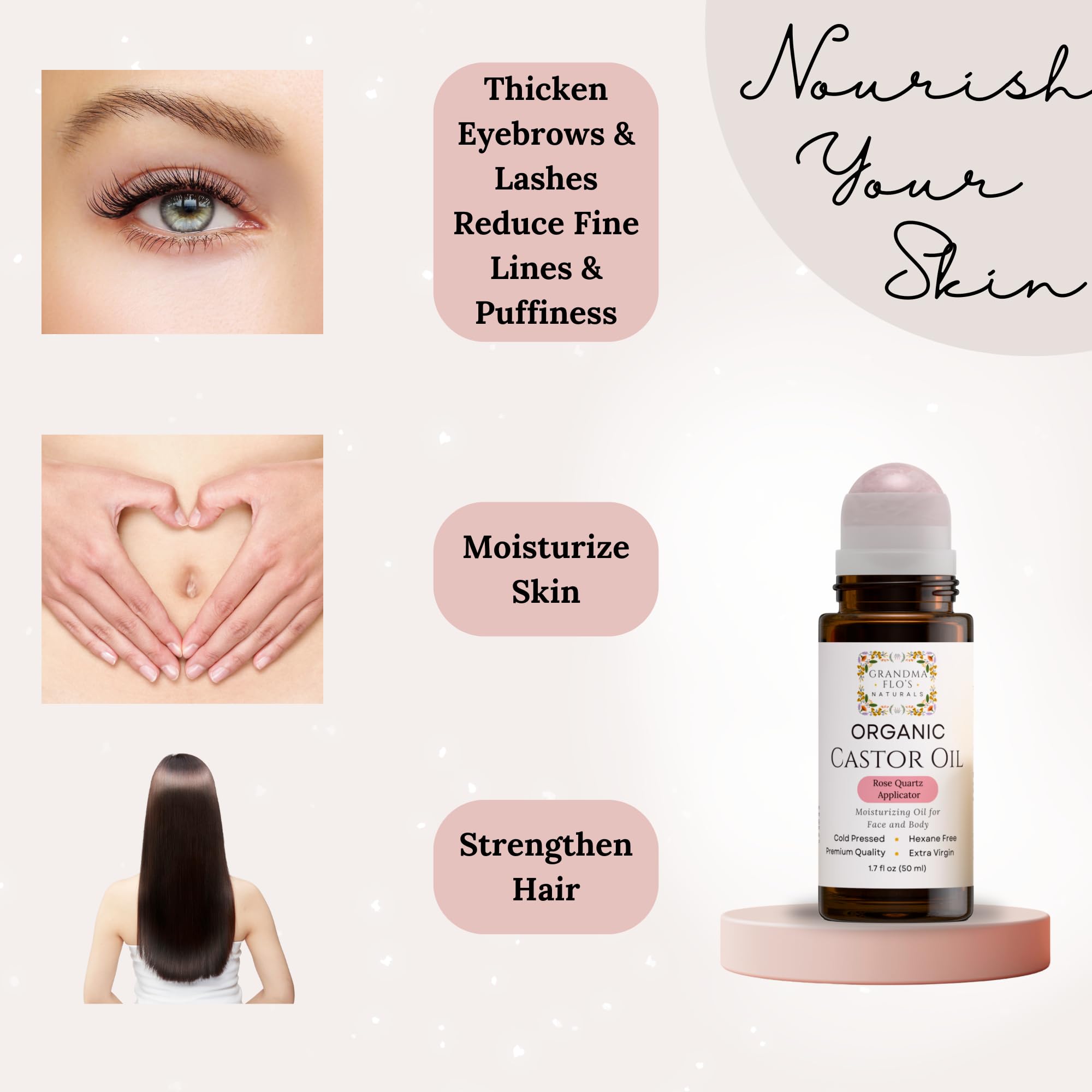 Rose quartz roller provides gentle cooling for under-eye treatment.