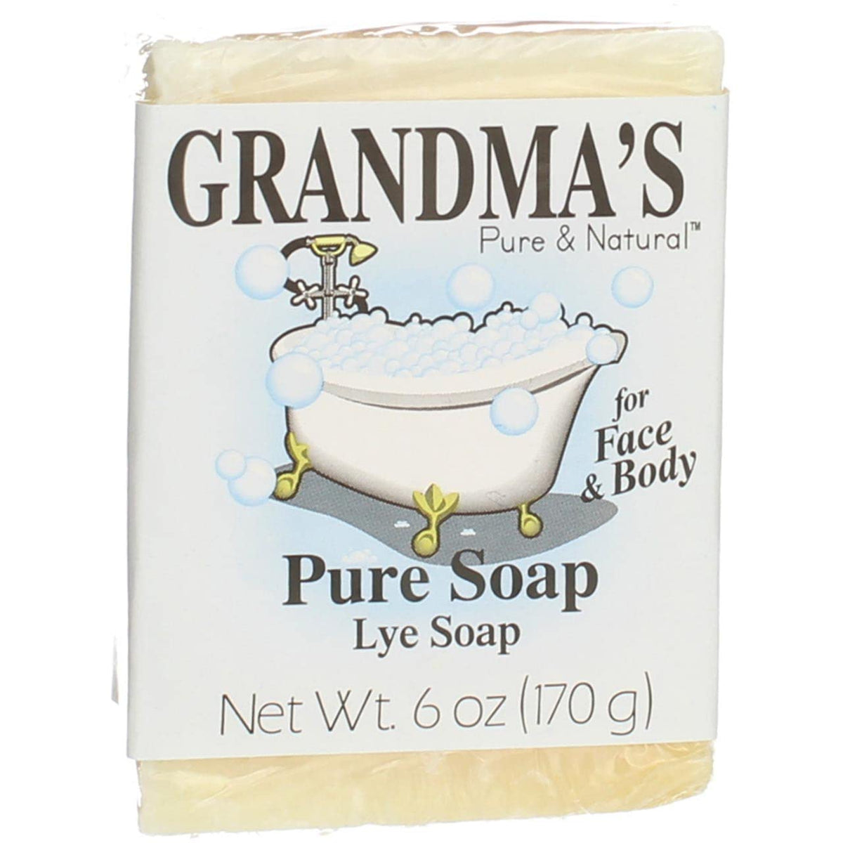 Grandma's Pure Lye Soap Bar front view unscented for sensitive skin.
