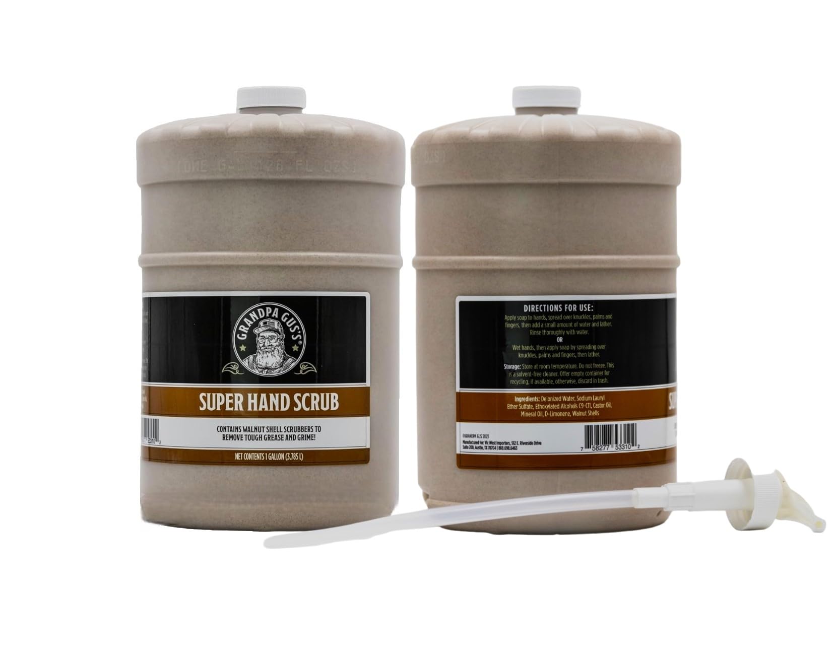 A 1-gallon container of Grandpa Gus's hand scrub on a workbench.