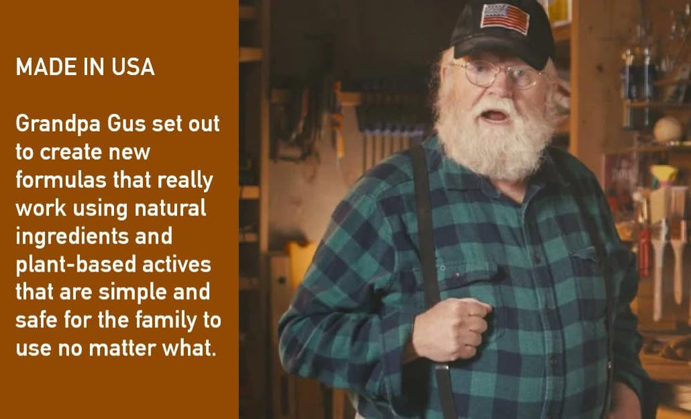 Safety label and storage instructions for Grandpa Gus's hand scrub.