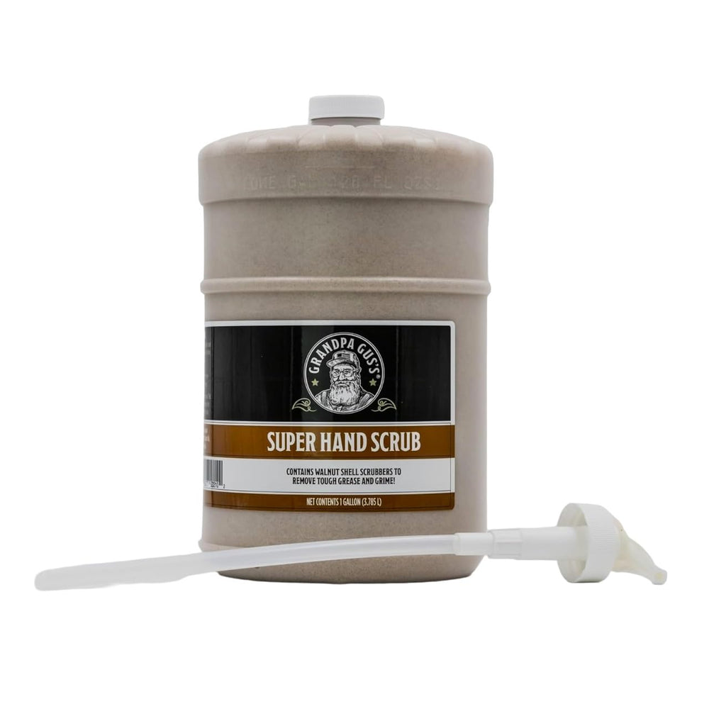 Grandpa Gus's Super Hand Scrub bottle shown for greasy workshop cleanup.