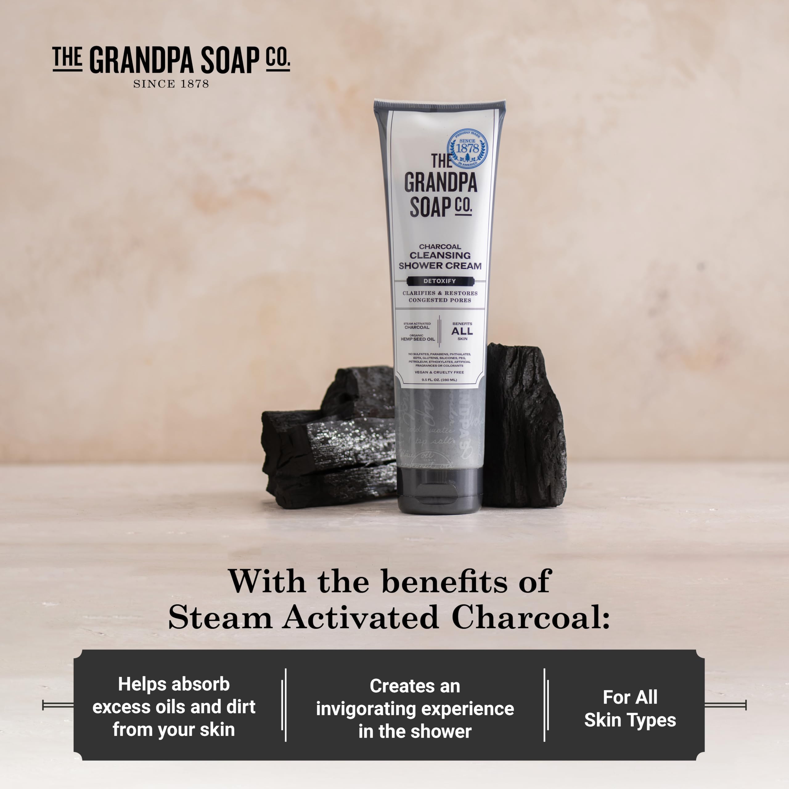 The Grandpa Soap Company activated-charcoal-detail emphasizes deep cleansing and pore clarity.