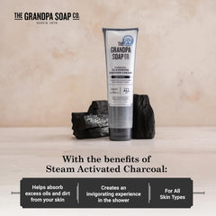 The Grandpa Soap Company activated-charcoal-detail emphasizes deep cleansing and pore clarity.