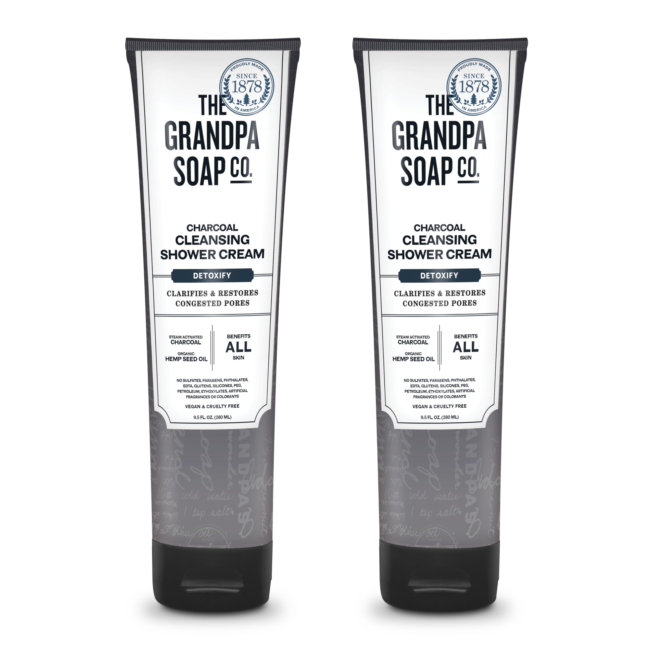 The Grandpa Soap Company charcoal shower cream bottle front view highlighting a clarifying cleanse.