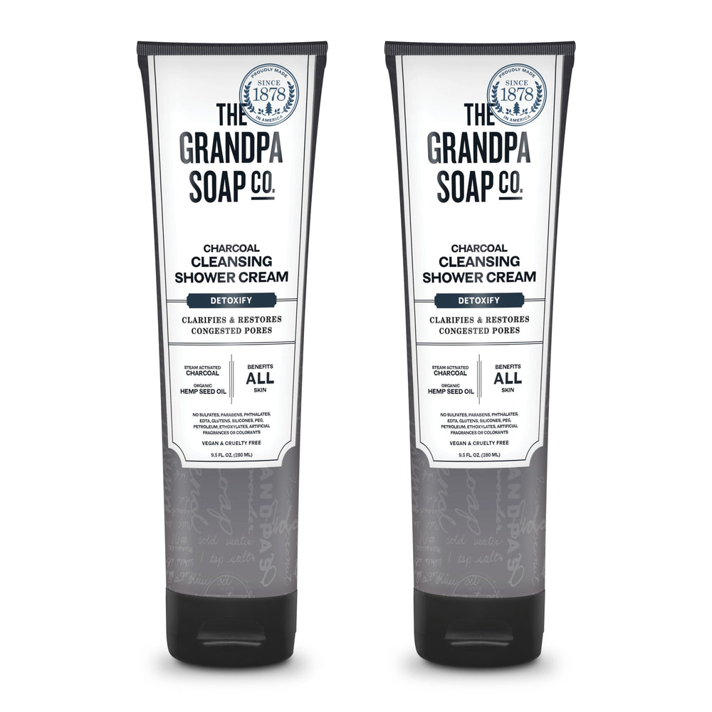 The Grandpa Soap Company charcoal shower cream bottle front view highlighting a clarifying cleanse.