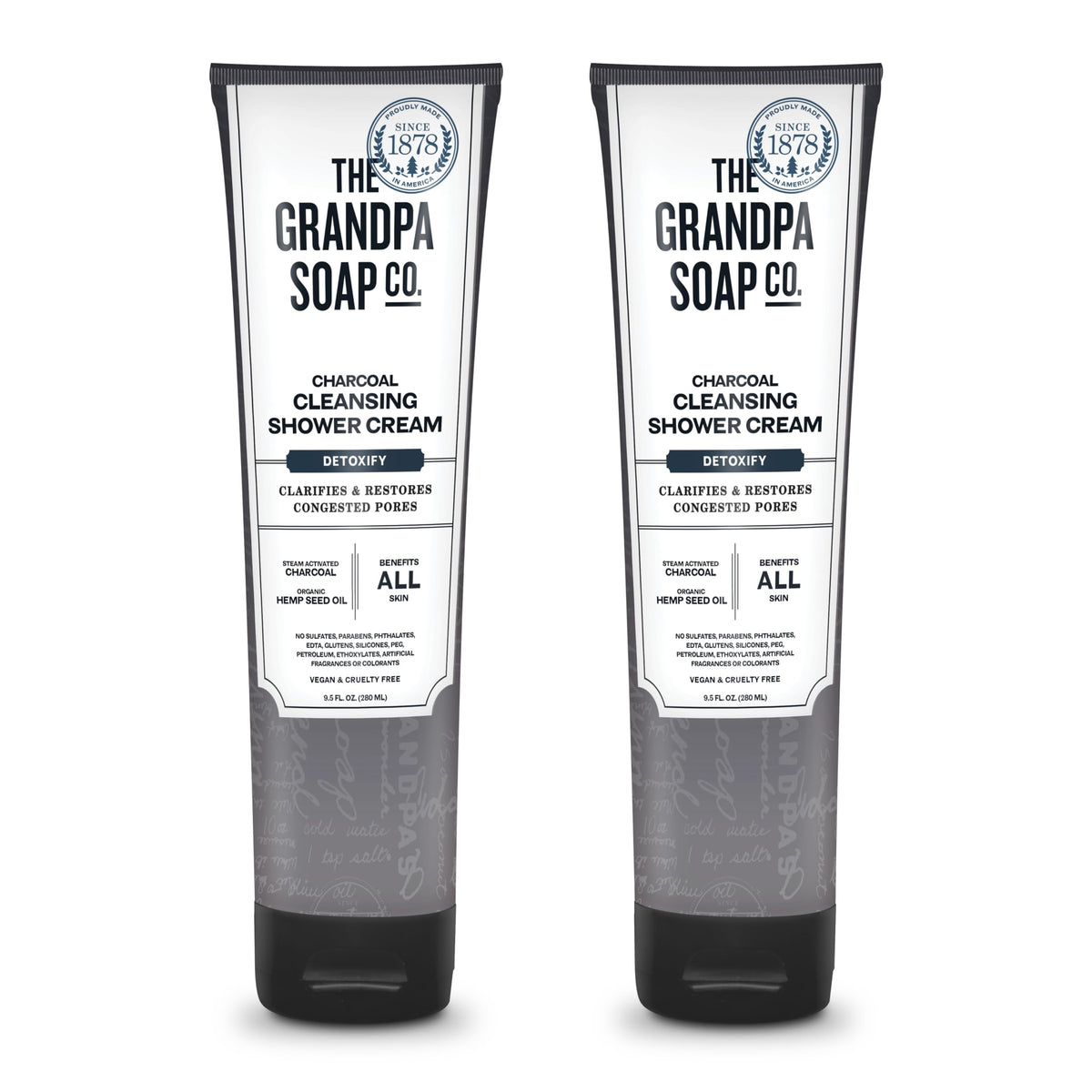 The Grandpa Soap Company charcoal shower cream bottle front view highlighting a clarifying cleanse.