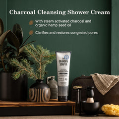 The Grandpa Soap Company charcoal shower cream lathering-foam demonstrates rich, refreshing texture.