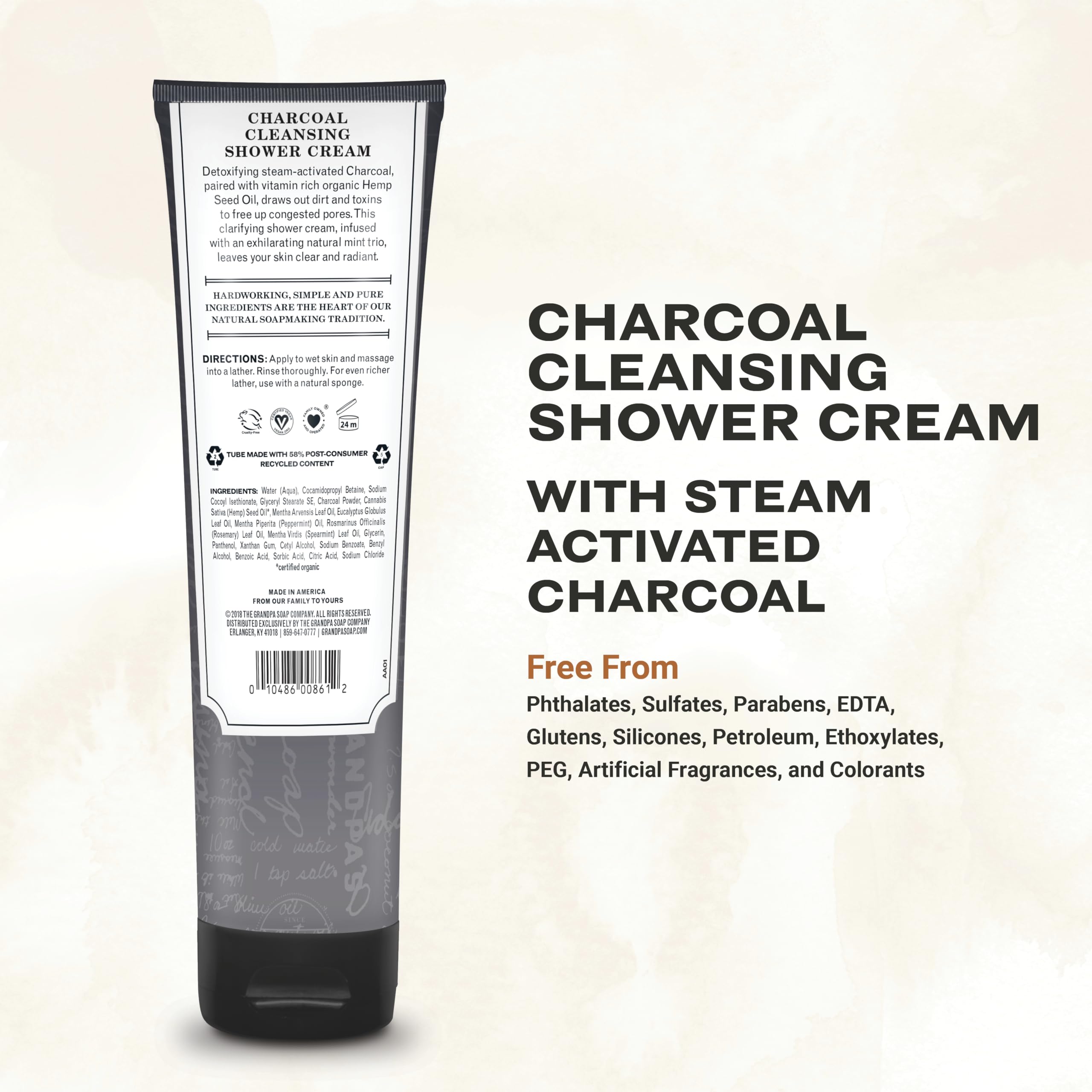 The Grandpa Soap Company charcoal shower cream pump-dispense shows easy application and quick lather.