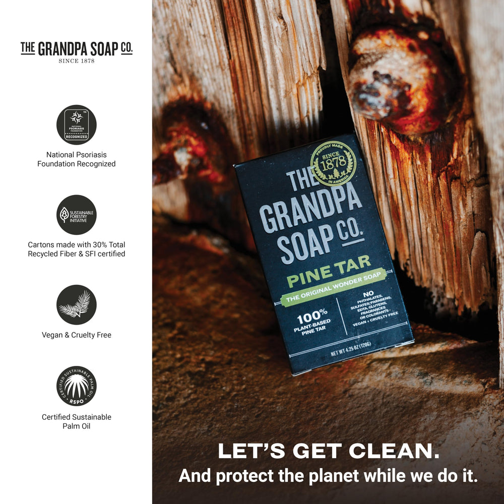 The pine tar scent evokes campfire and forest air after washing.