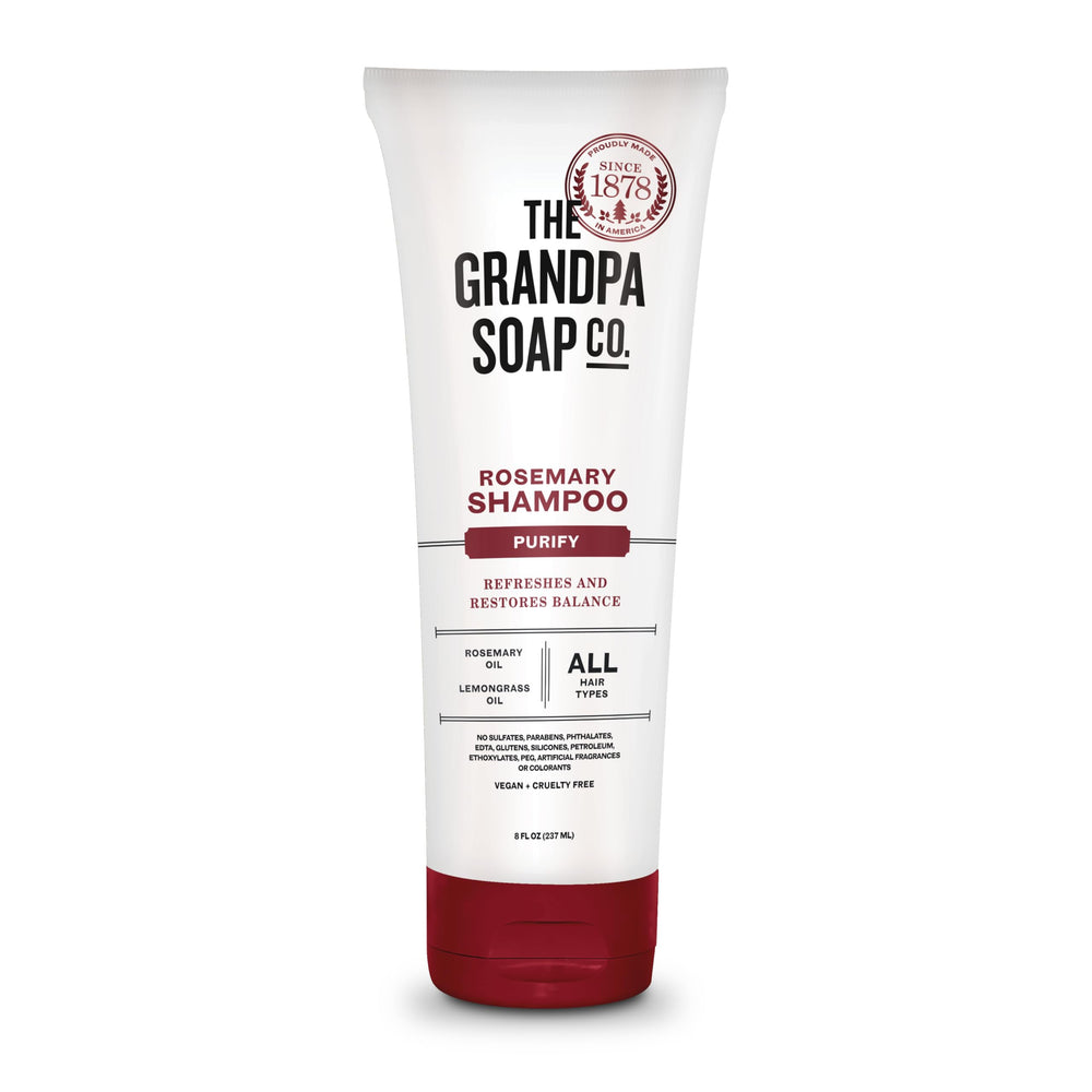 The Grandpa Soap Company rosemary-lemongrass shampoo bottle ready for daily refresh.