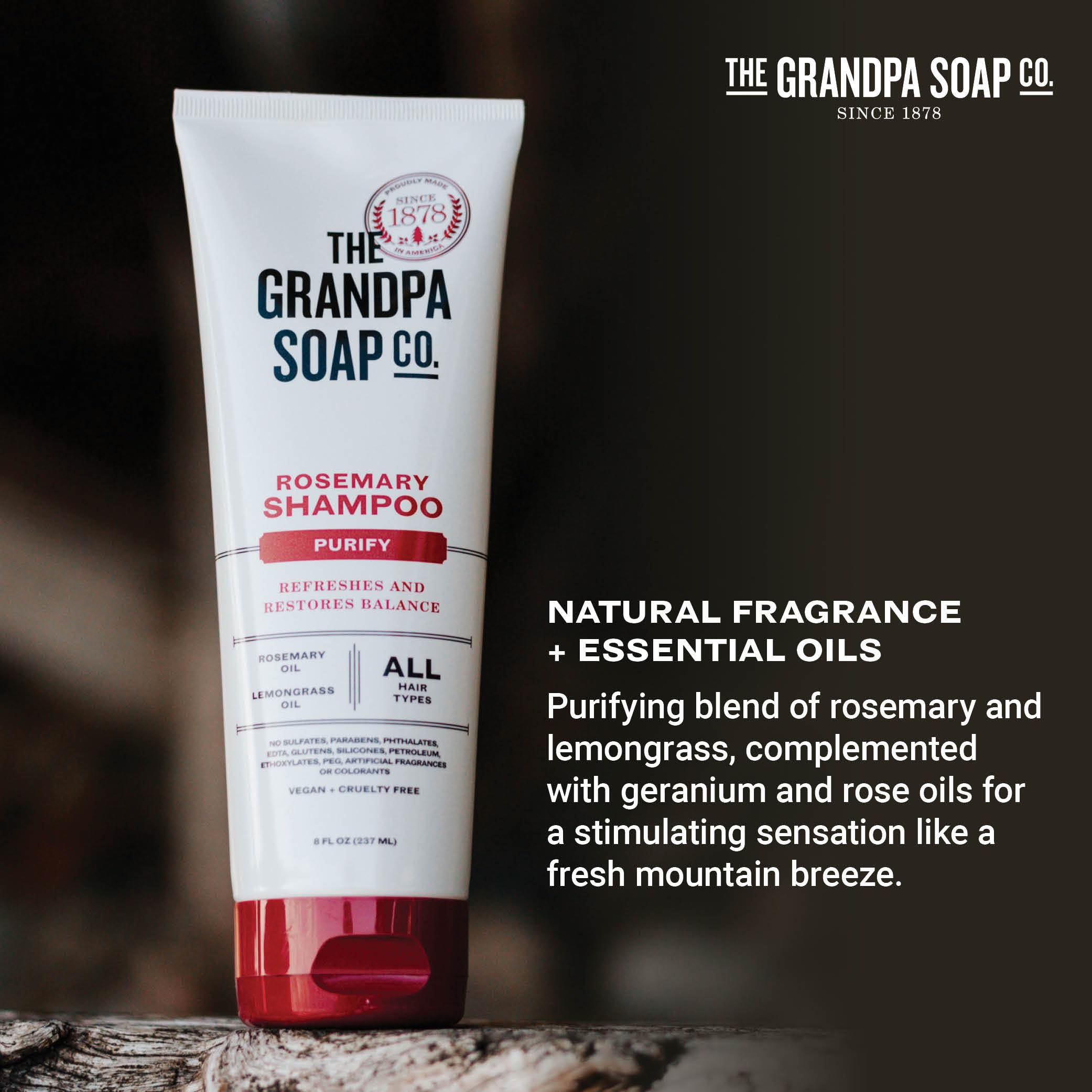 The Grandpa Soap Company rosemary shampoo tube made with 42% post-consumer recycled content.