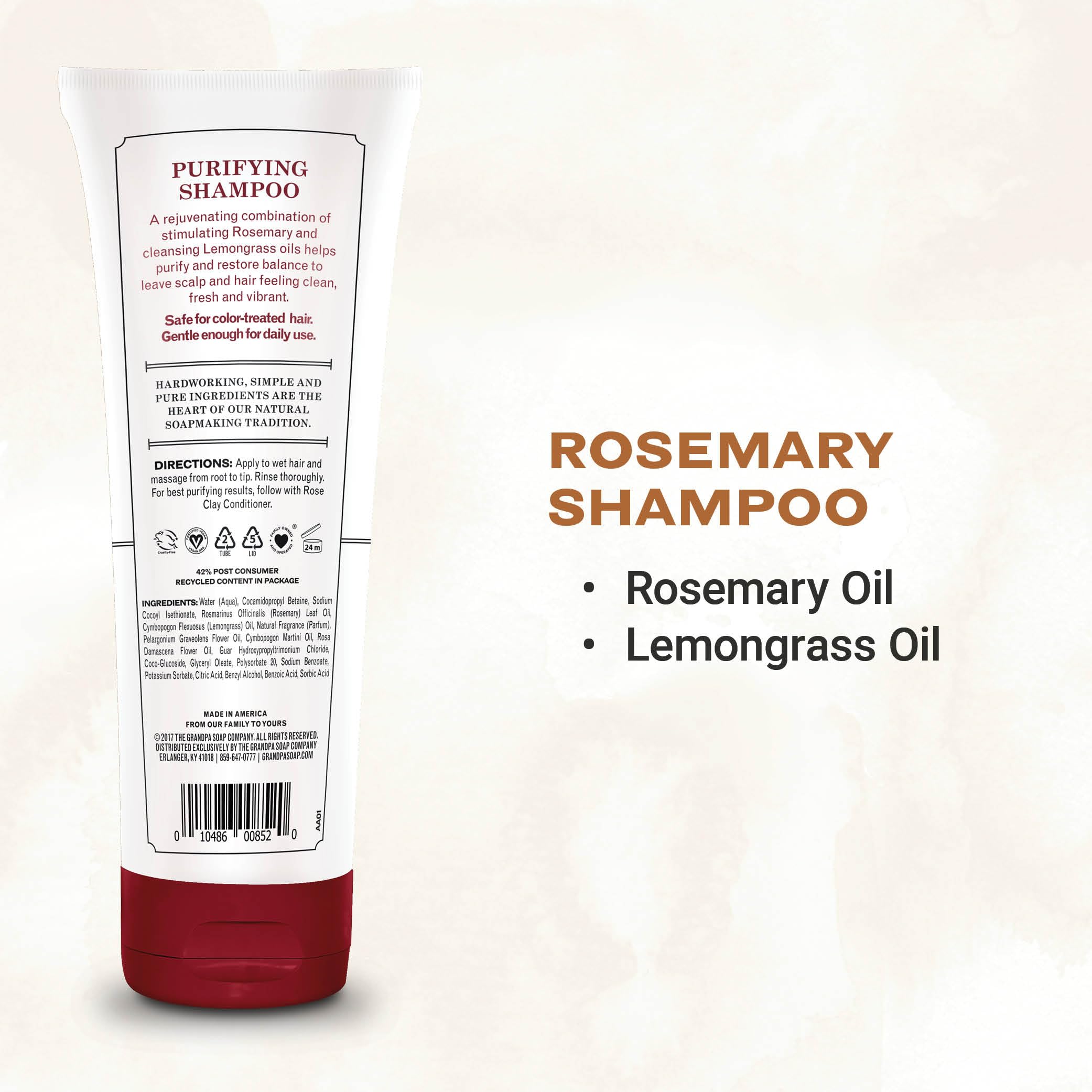 The Grandpa Soap Company shampoo label close-up shows vegan cruelty-free claims.