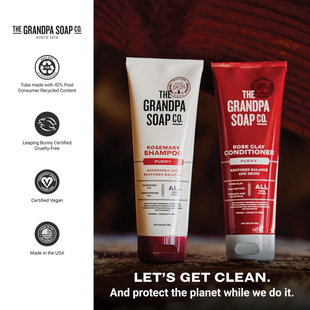 The Grandpa Soap Company rosemary-lemongrass shampoo packaging with recycled content.
