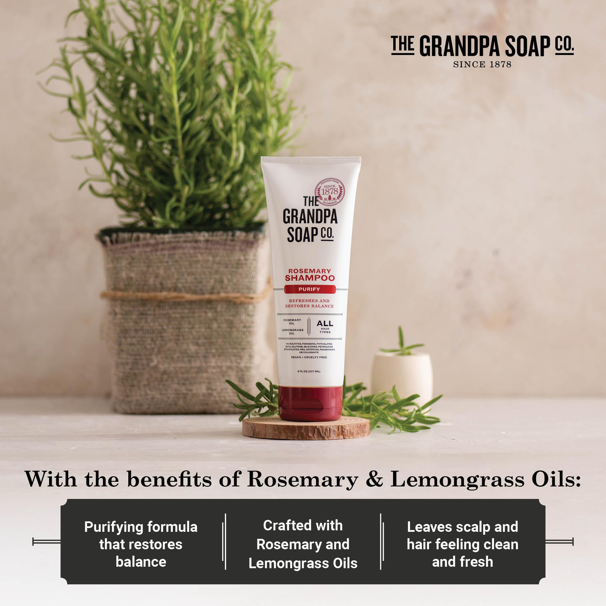 The Grandpa Soap Company shampoo on bathroom shelf after a long day.