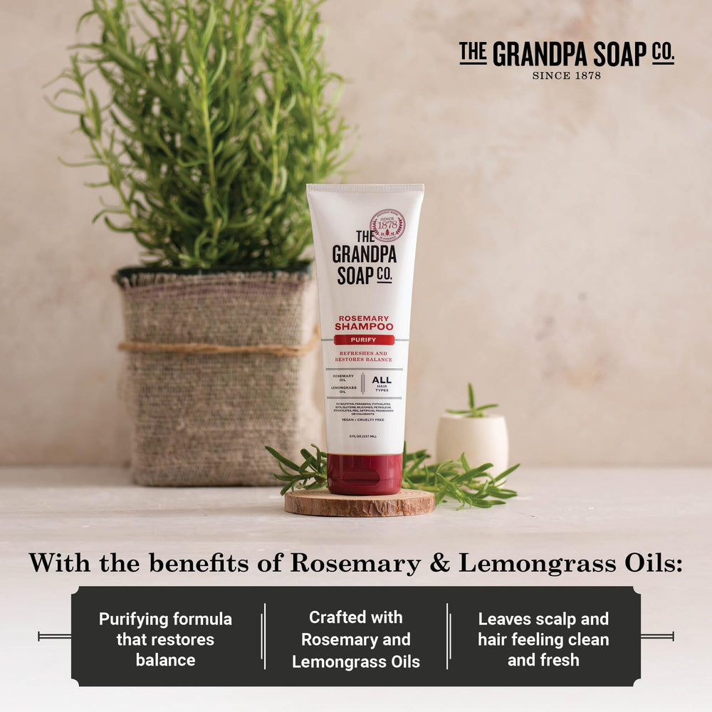 The Grandpa Soap Company shampoo on bathroom shelf after a long day.