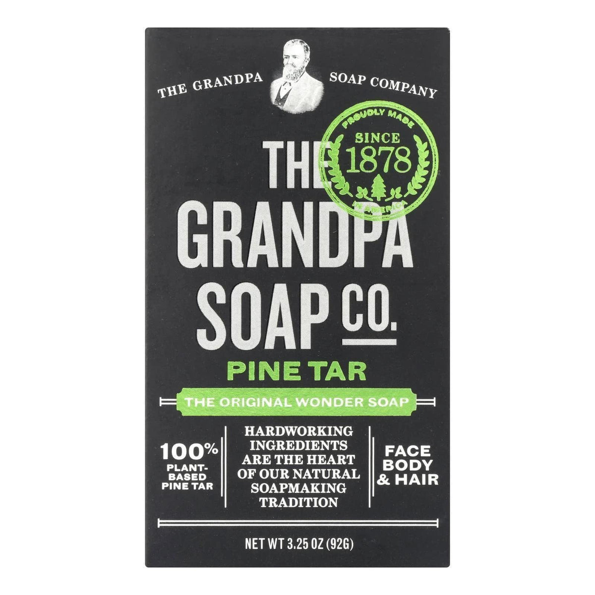 Grandpa's Pine Tar Soap 4.25oz bar, close-up for daily cleansing after a long workday.