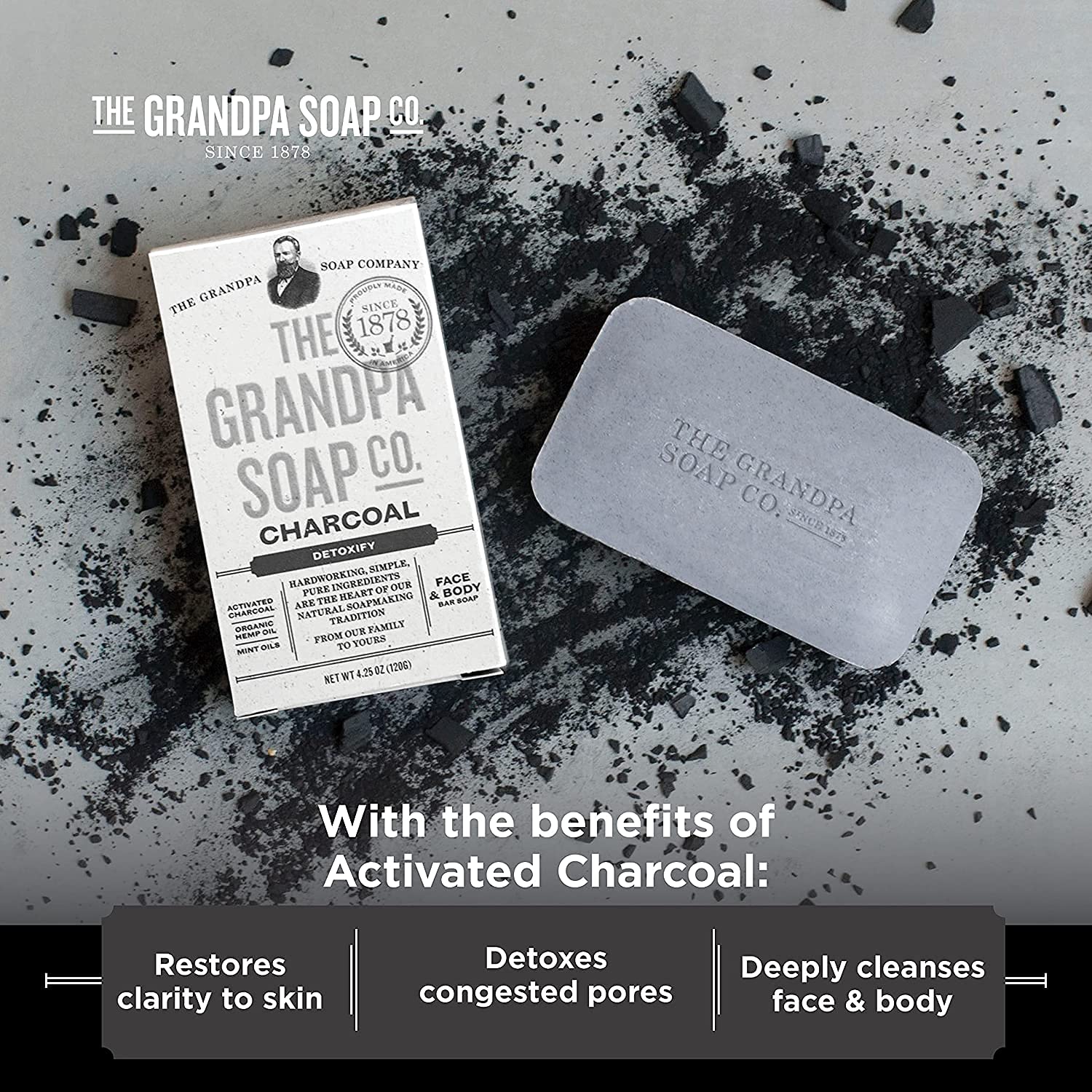 Grandpas Soap Co Charcoal Bar closeup with deep color and smooth texture