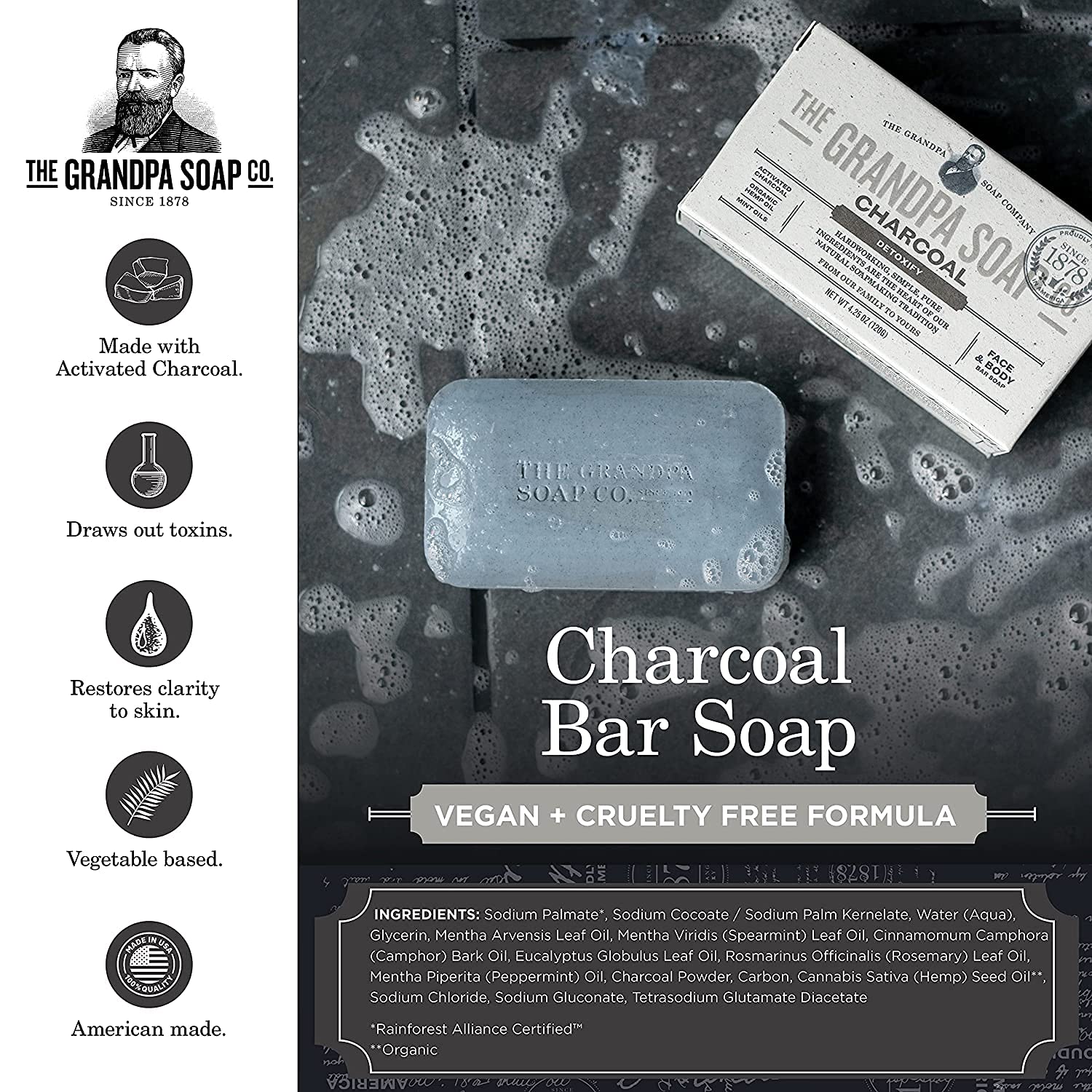 Grandpas Soap Co Charcoal Bar lather delivers a refreshing cleanse while moisturizing
