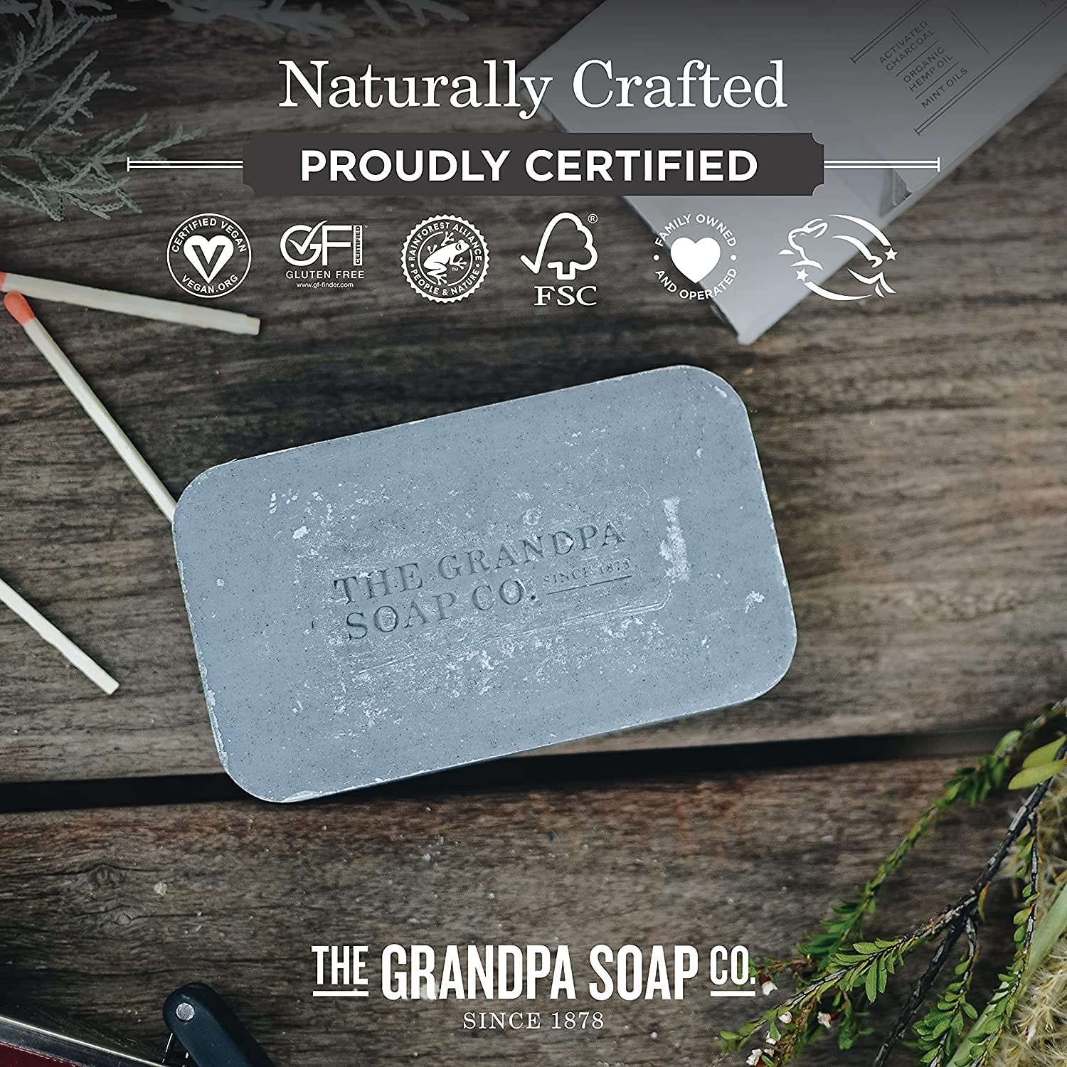 Grandpas Soap Co Charcoal Bar packaging communicates a natural, compact skincare solution