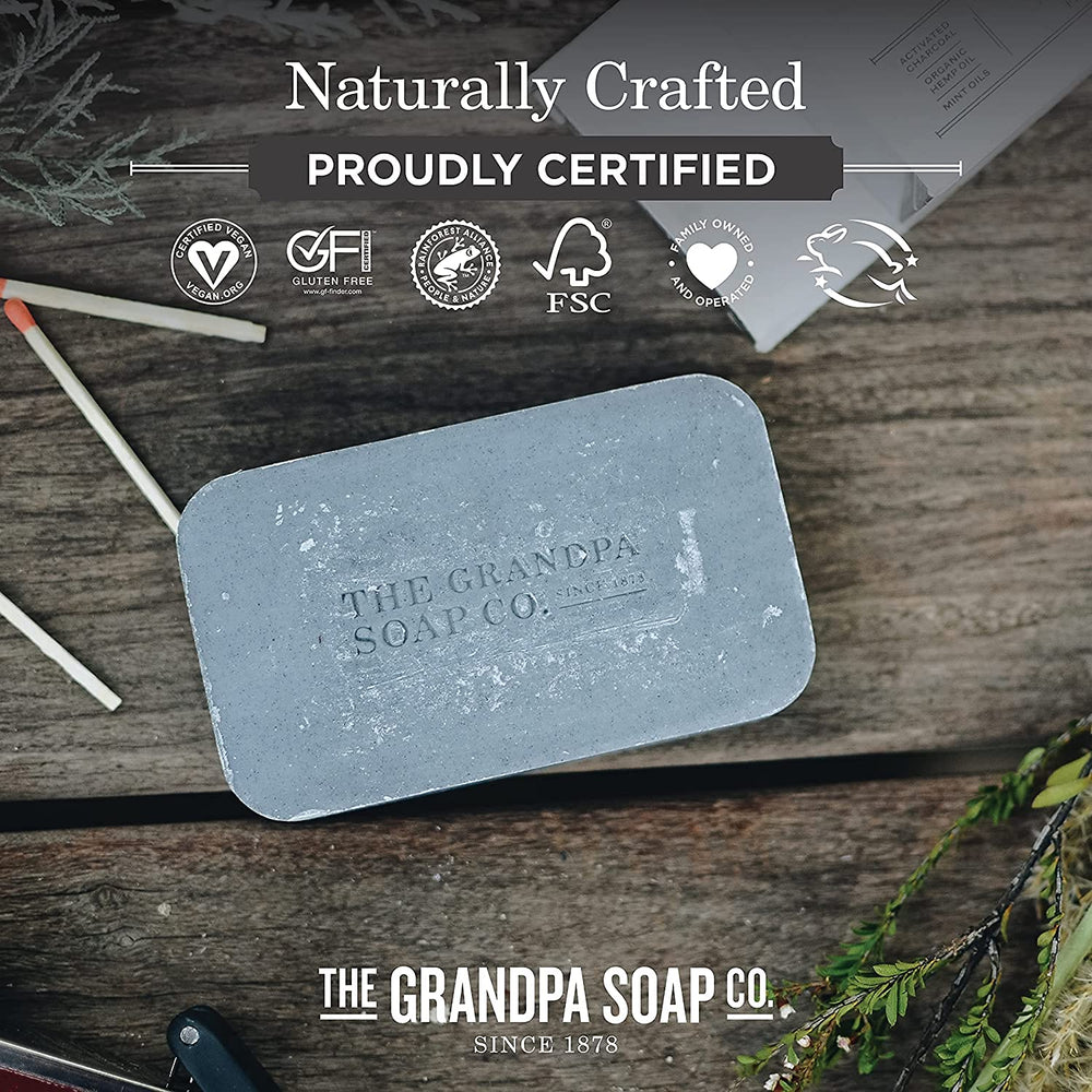 Grandpas Soap Co Charcoal Bar packaging communicates a natural, compact skincare solution
