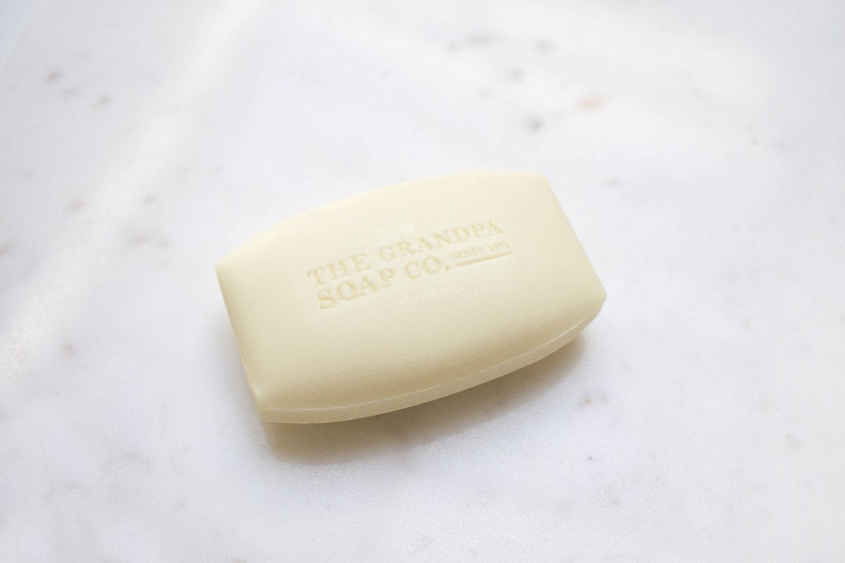 Grandpa's Thylox soap bar closeup shows texture and sulfur formula.