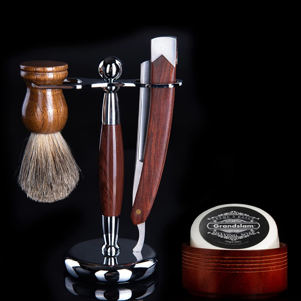 Grandslam badger brush with soft bristles for rich lather.