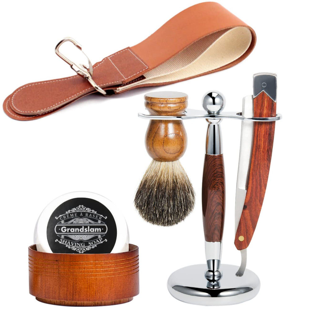 Grandslam straight razor with brush for precise, comfortable shaving.