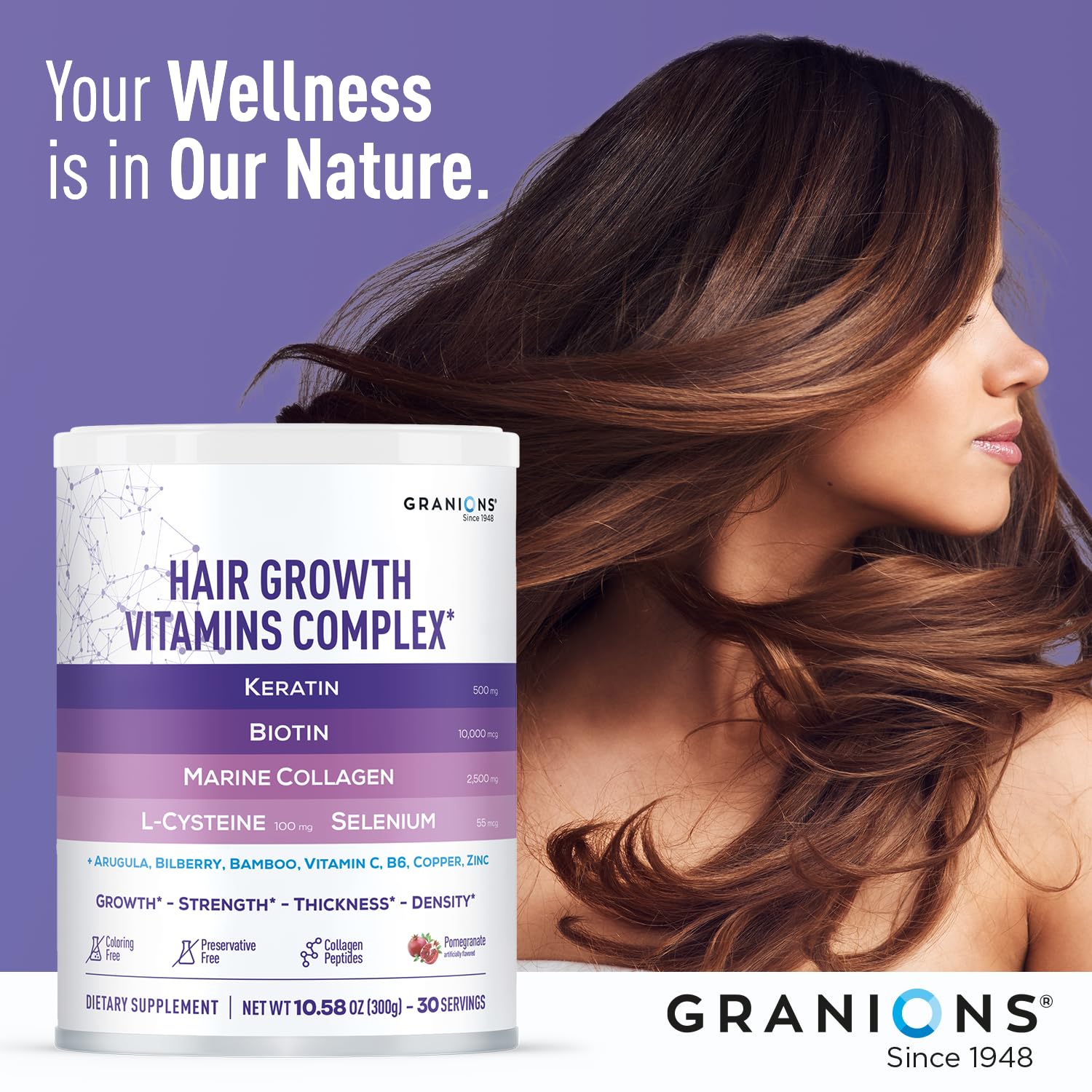 Granions hair growth powder packaging on display for customers