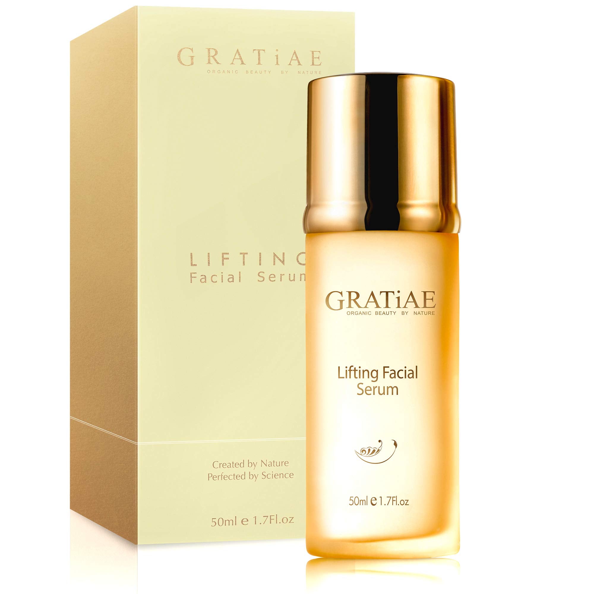 Gratiae Organic Lifting Facial Serum bottle demonstrates a lightweight, fast-absorbing formula for all skin types.