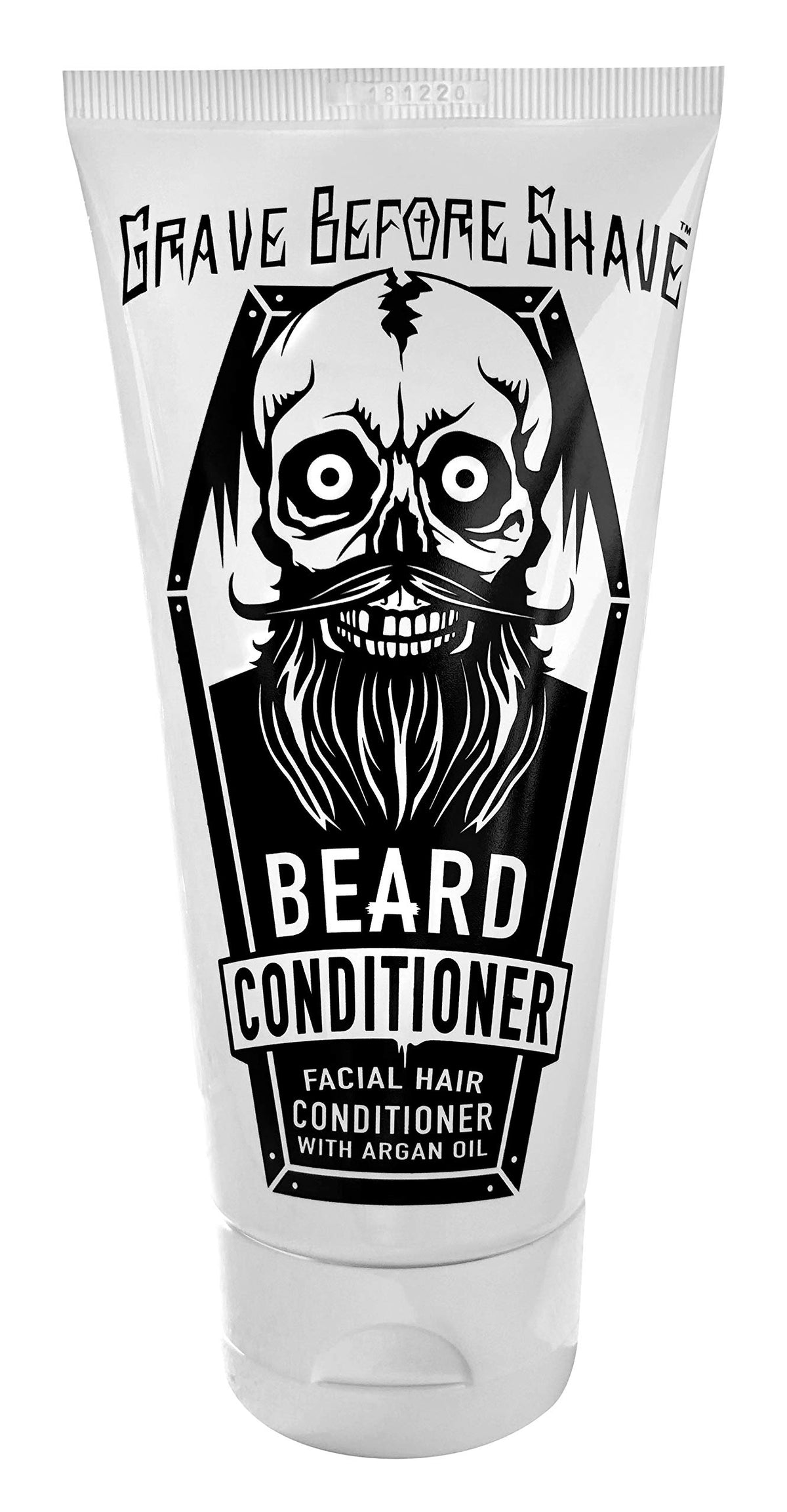Grave Before Shave Beard Conditioner bottle featuring argan oil for hydrated, soft beard.