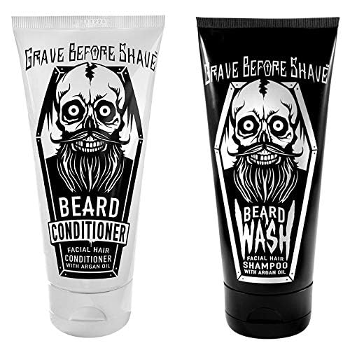Grave Before Shave beard conditioner tube close-up emphasizing conditioning that softens beard and skin.