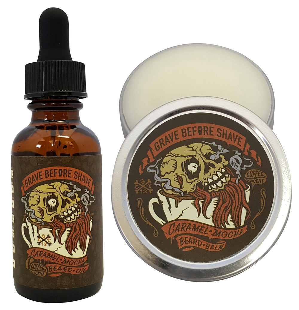 Grave Before Shave caramel mocha beard balm tin for smooth control.