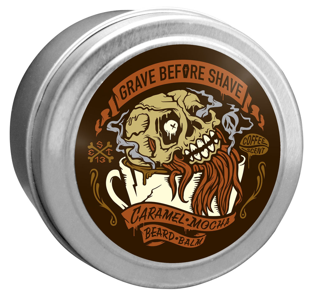 Grave Before Shave caramel mocha beard oil bottle for hydration.