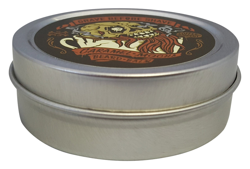 Grave Before Shave caramel mocha label closeup showing premium blend.