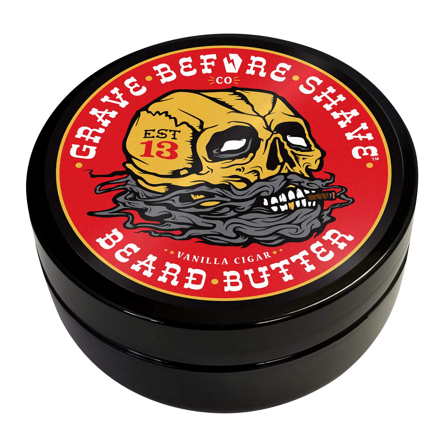 Grave Before Shave Cigar Beard Butter packaging highlights premium oils and 4 oz size