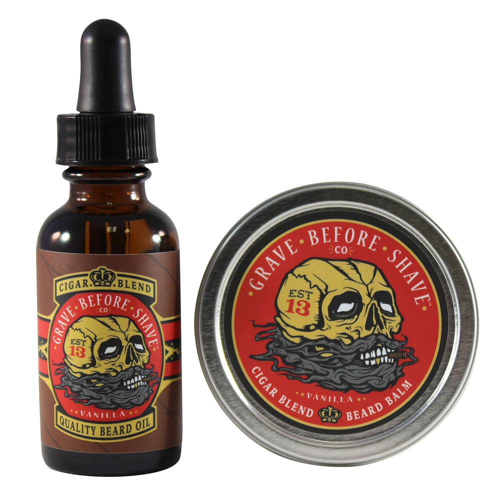 Grave Before Shave Cigar Blend beard balm tin for conditioning with a cigar-vanilla scent.