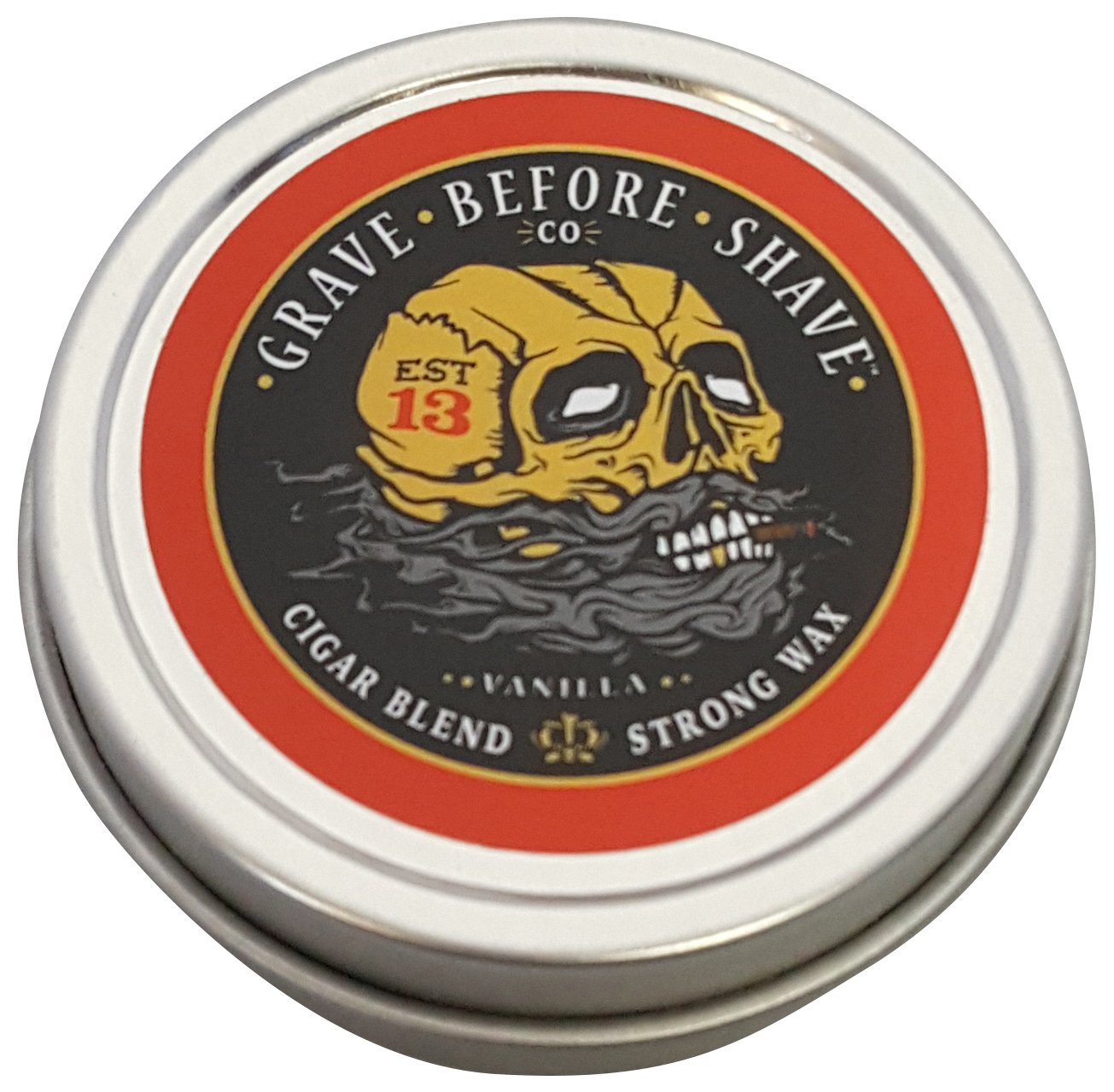 Grave Before Shave Fisticuffs Cigar Blend tin providing strong moustache hold