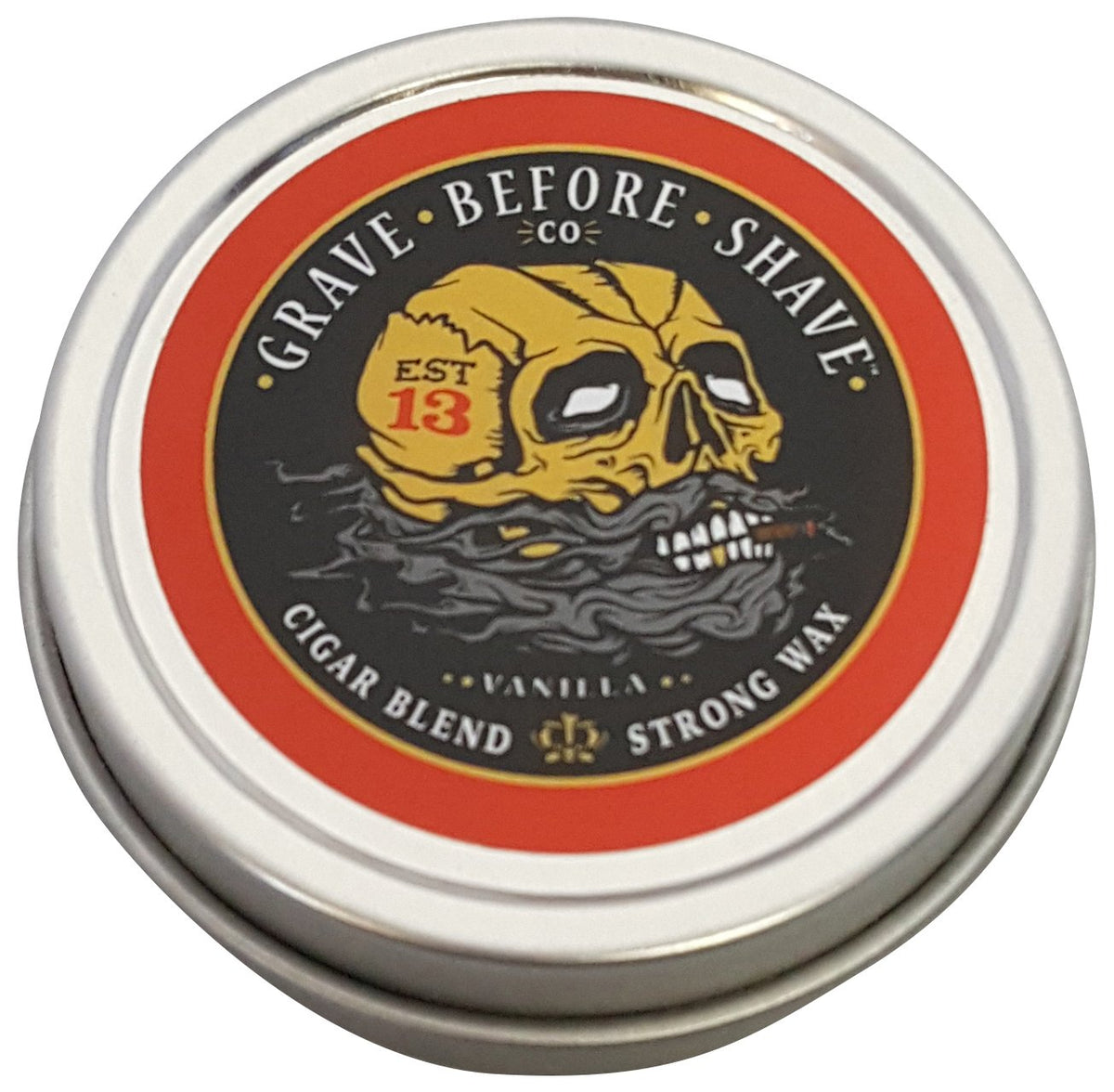 Grave Before Shave Fisticuffs Cigar Blend tin providing strong moustache hold