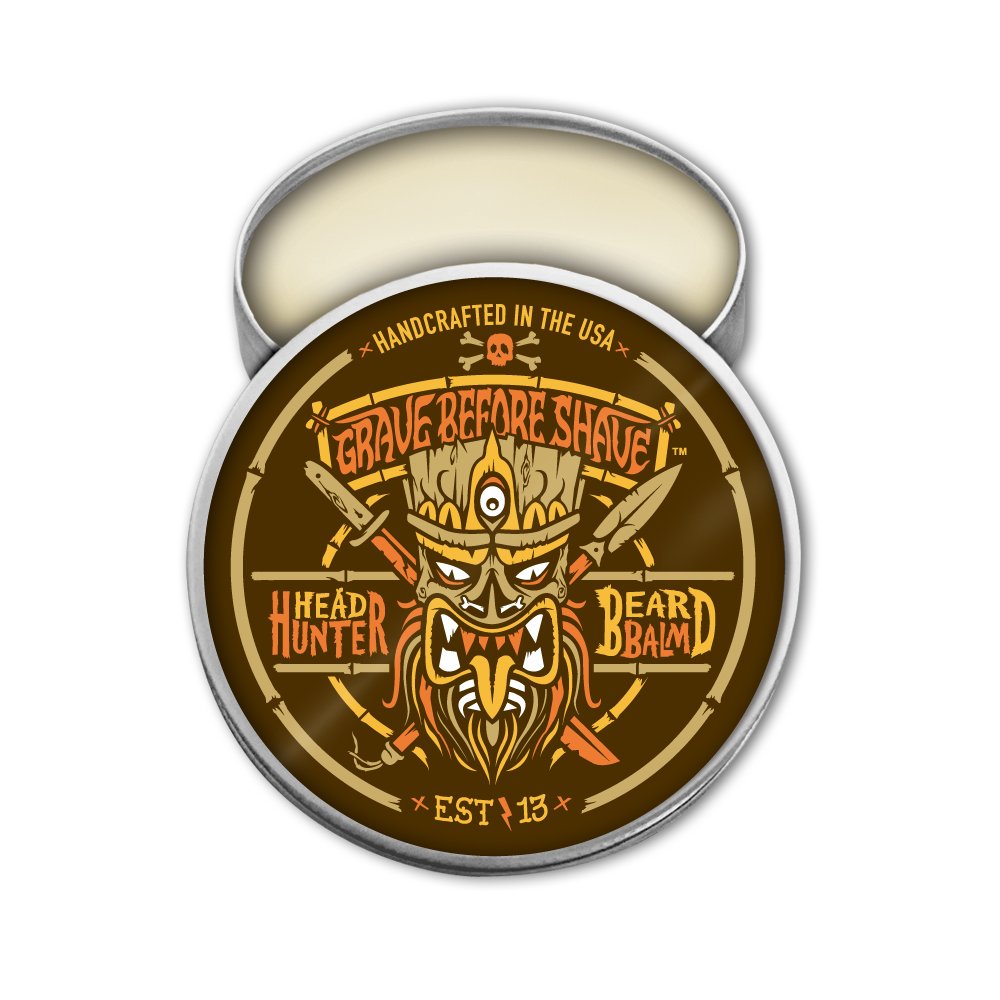 Grave Before Shave Head Hunter Beard Balm tin conditions and tames unruly beard hairs.