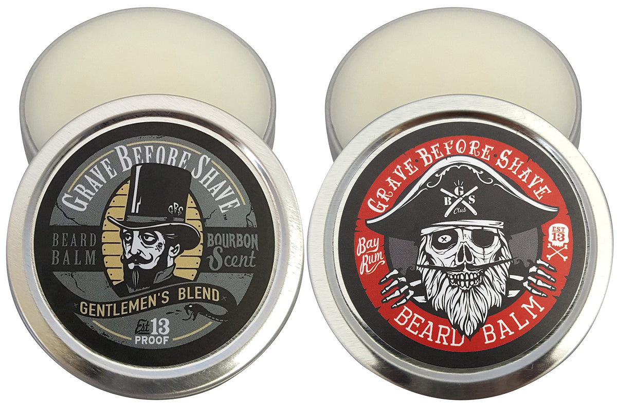Grave Before Shave Top Shelf Bourbon and Bay Rum beard balm dual pack tins close-up for conditioning.