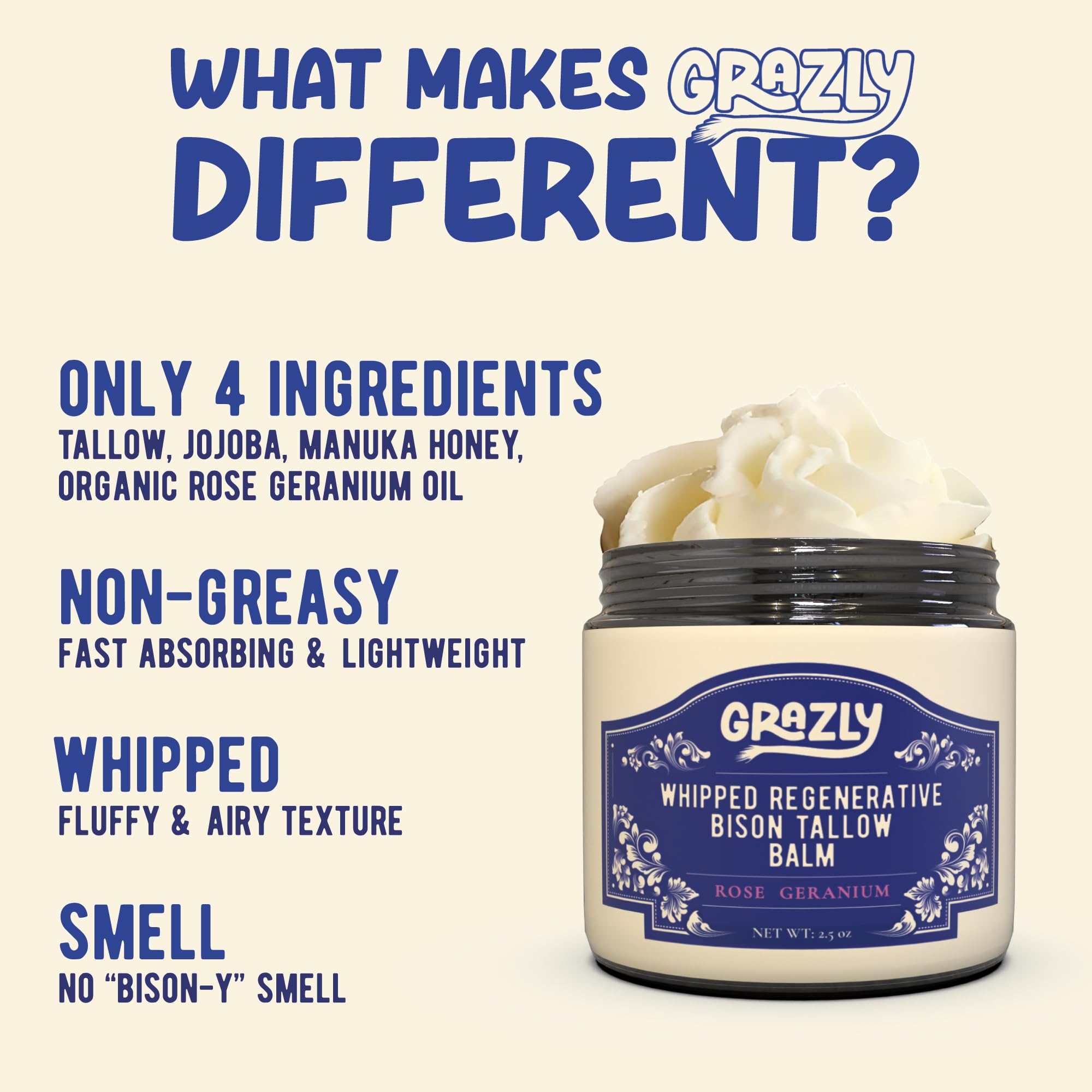 Texture close-up of Grazly Bison Tallow Balm showing fluffy, fast-absorbing cream