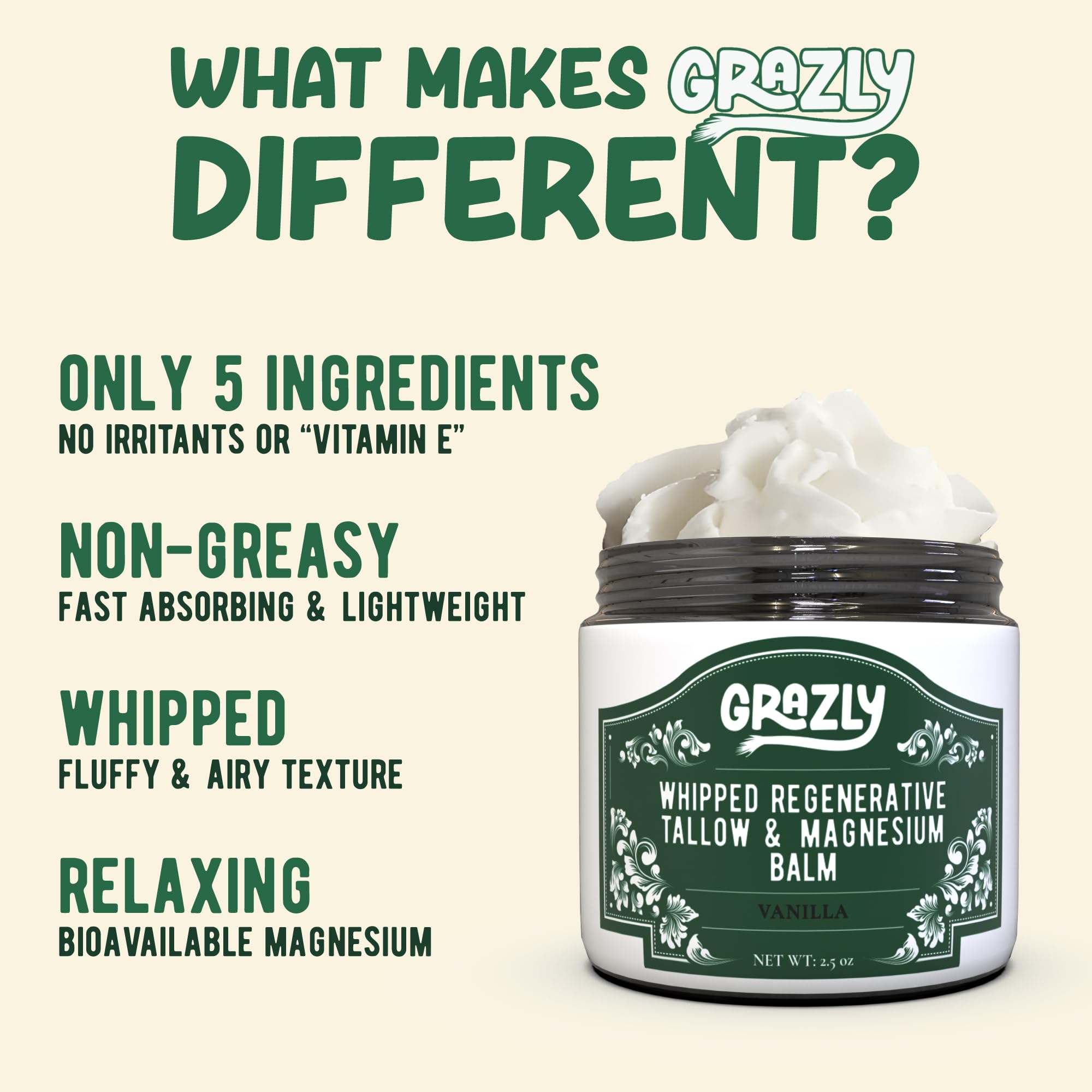 Grazly whipped tallow texture close-up, airy and non-greasy feel.