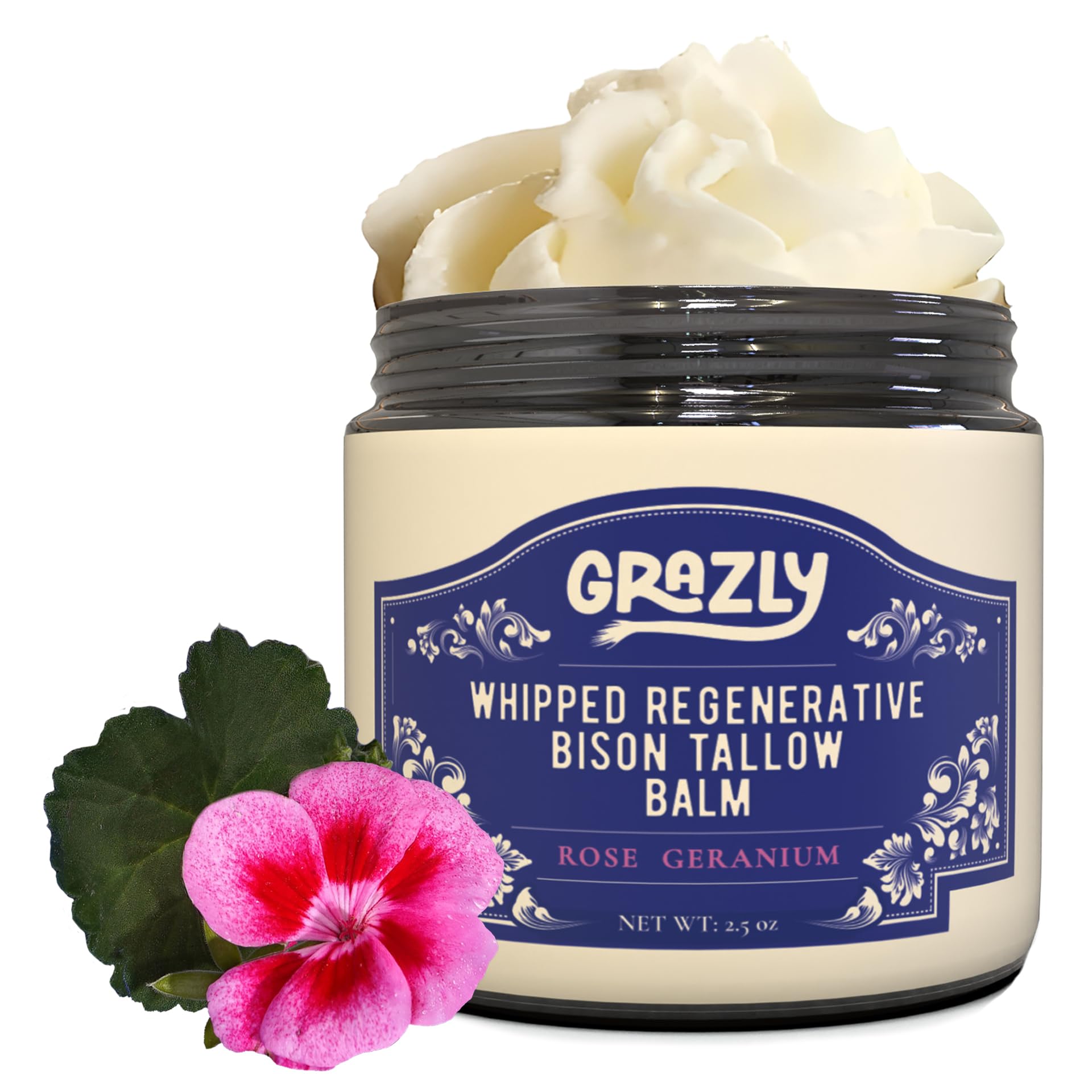 Grazly Whipped Bison Tallow Balm with Rose Geranium jar for non-greasy face and body hydration