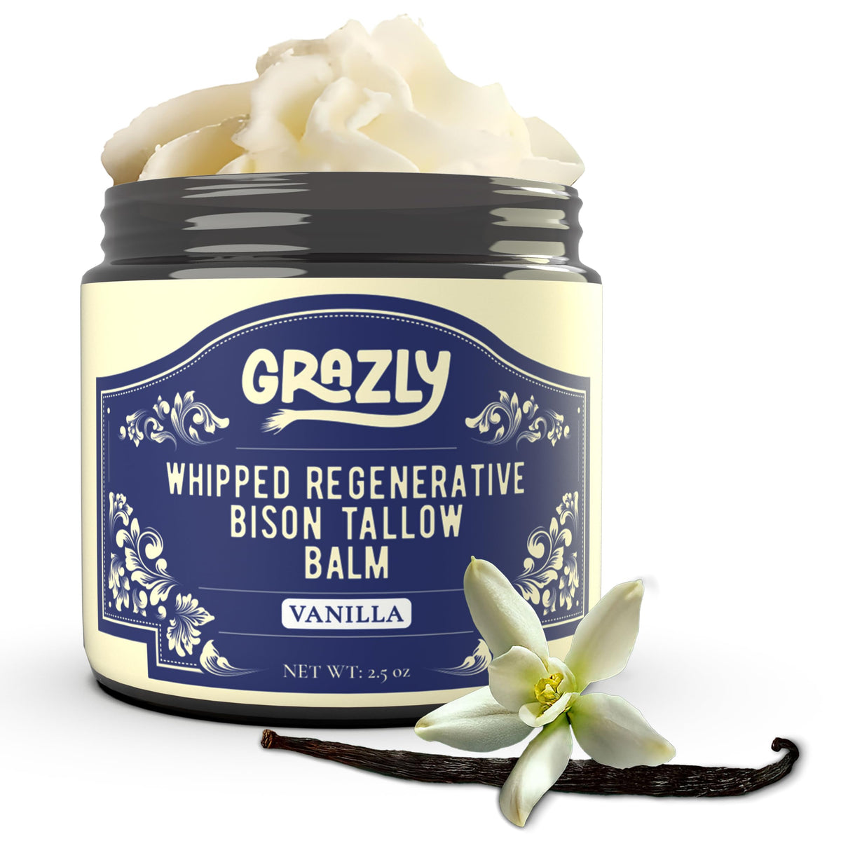 Grazly Whipped Bison Tallow Balm in vanilla jar for daily moisture
